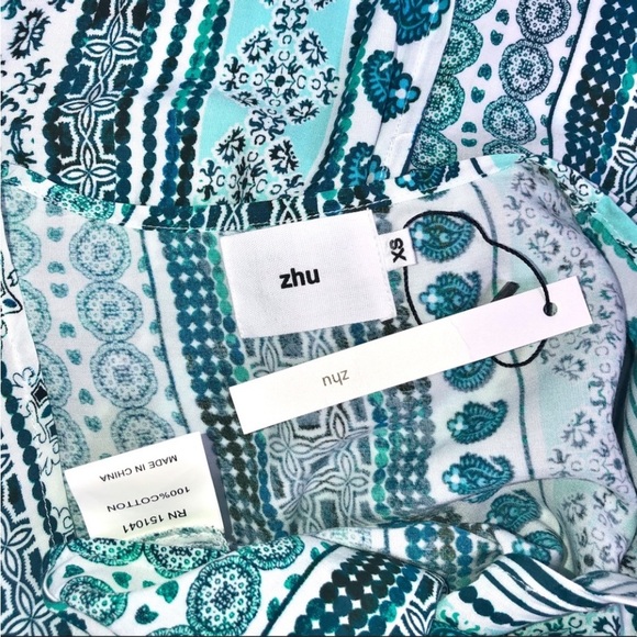 Zhu Ulma Minty Green Geo Paisley Print Crop Top Pant Set SzXS Wide Leg Side Wrap - Picture 16 of 16